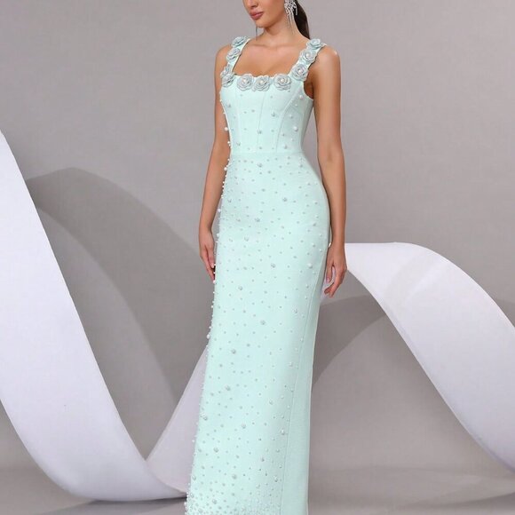Baby Blue Elegant Women's Pearl Sparkling Maxi Dress - Picture 7 of 8